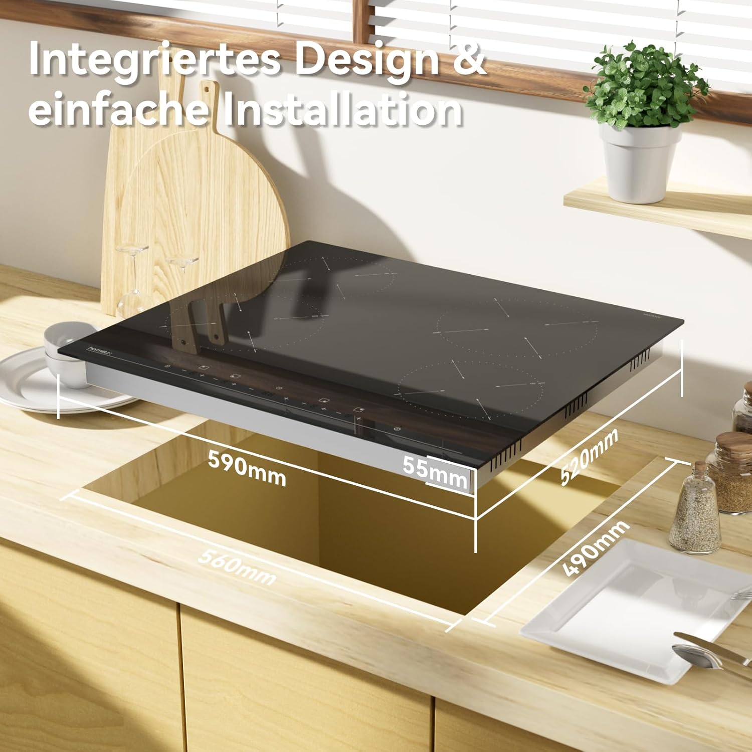 Hermitlux Glaskeramikkochfeld 4 Platten, 59cm, 6600W, 9 Heizstufen, Kein Stecker