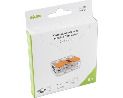 Wago 221-613 COMPACT-klemblok 0,5-6 mm² 3-aderige hefboomklem 8 stuks