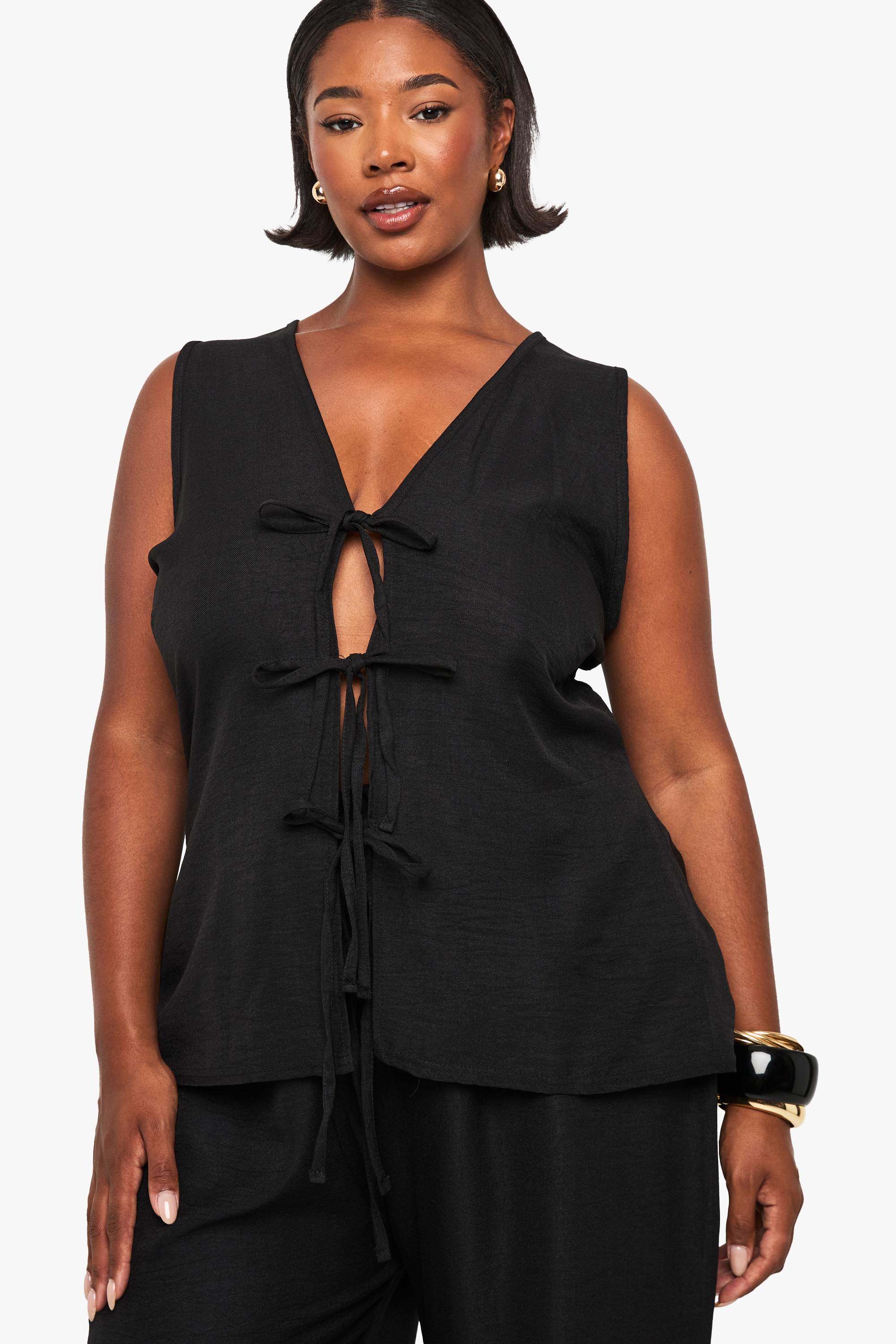 boohoo Ensemble coordonné look lin, haut à nouer à l'avant et pantalon à jambes larges