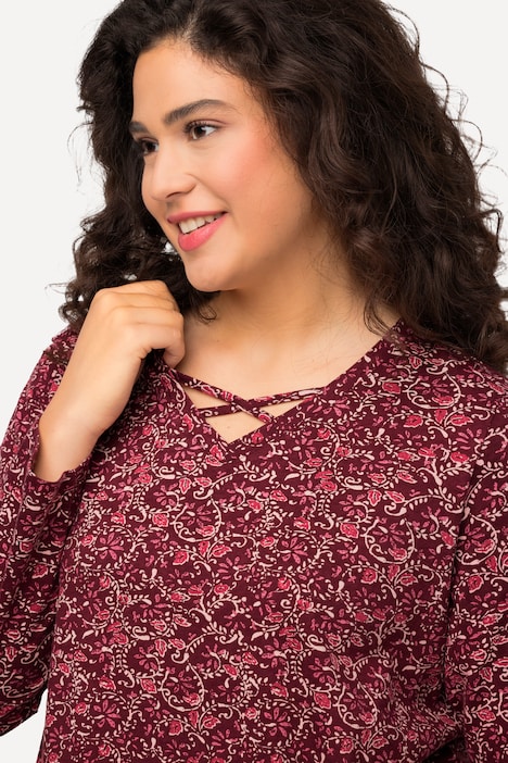 Longshirt, A-Linie, V-Ausschnitt mit Zierbändern, Langarm