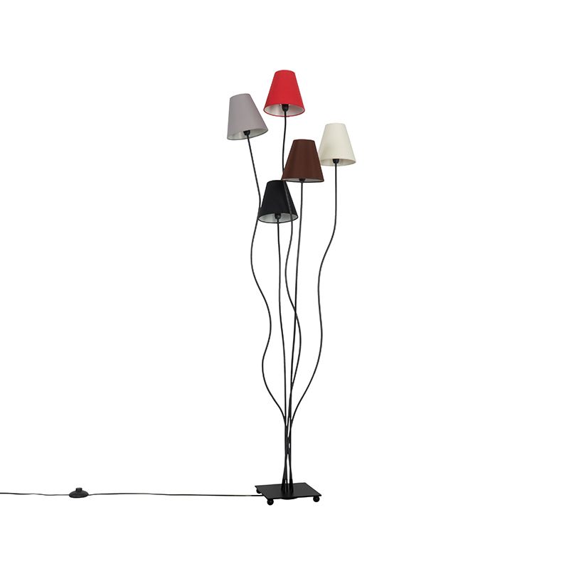 Design vloerlamp zwart met stoffen kappen 5-lichts - Melis