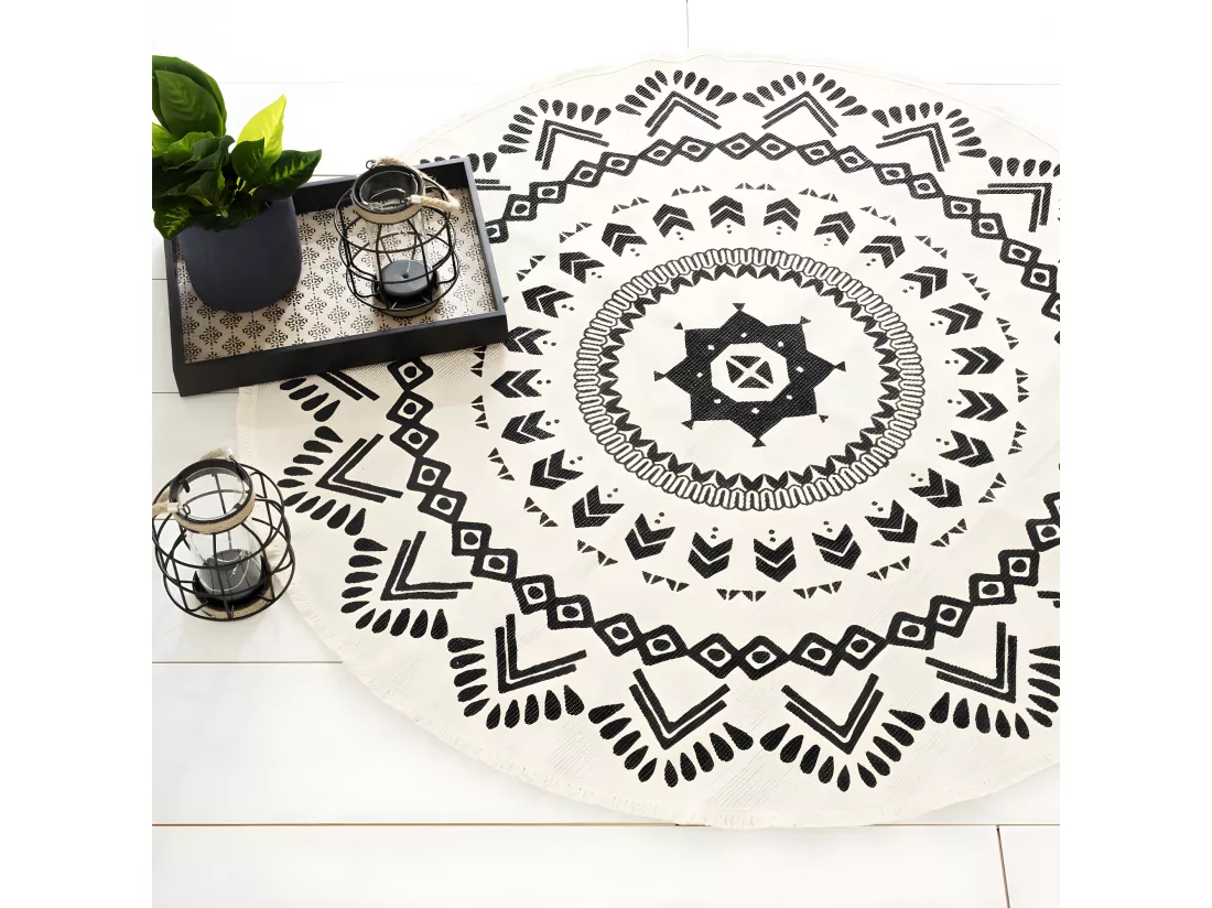 Tapis Rond Noir et Blanc en Coton D120 cm