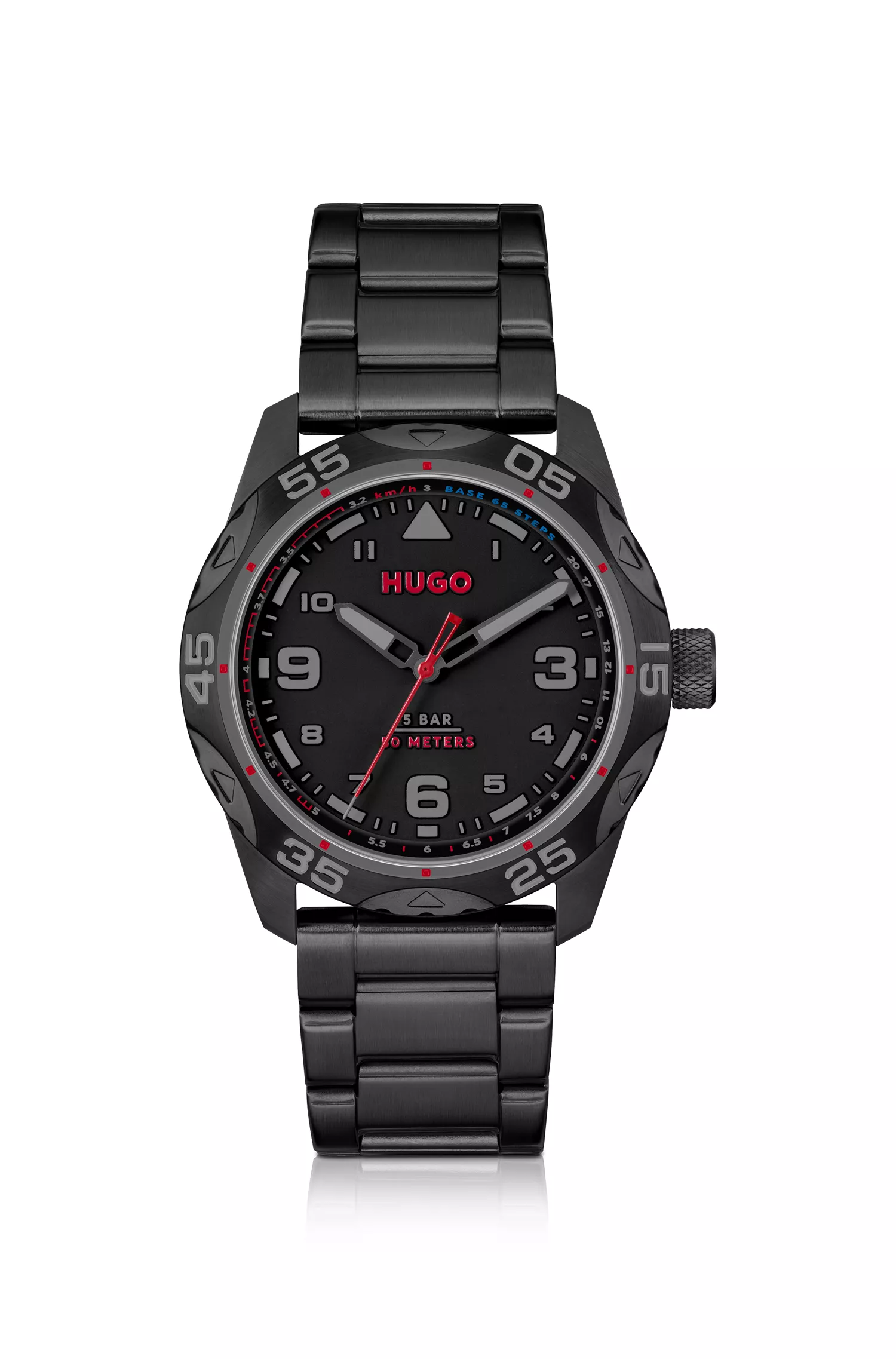Relógio HUGO com revestimento em vermelho e preto e pulseira de elos.