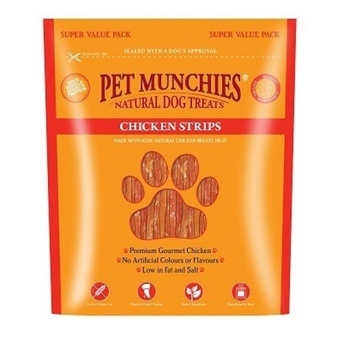 Pacote com 3 sachês de petiscos de carne natural para cães, sabor frango.