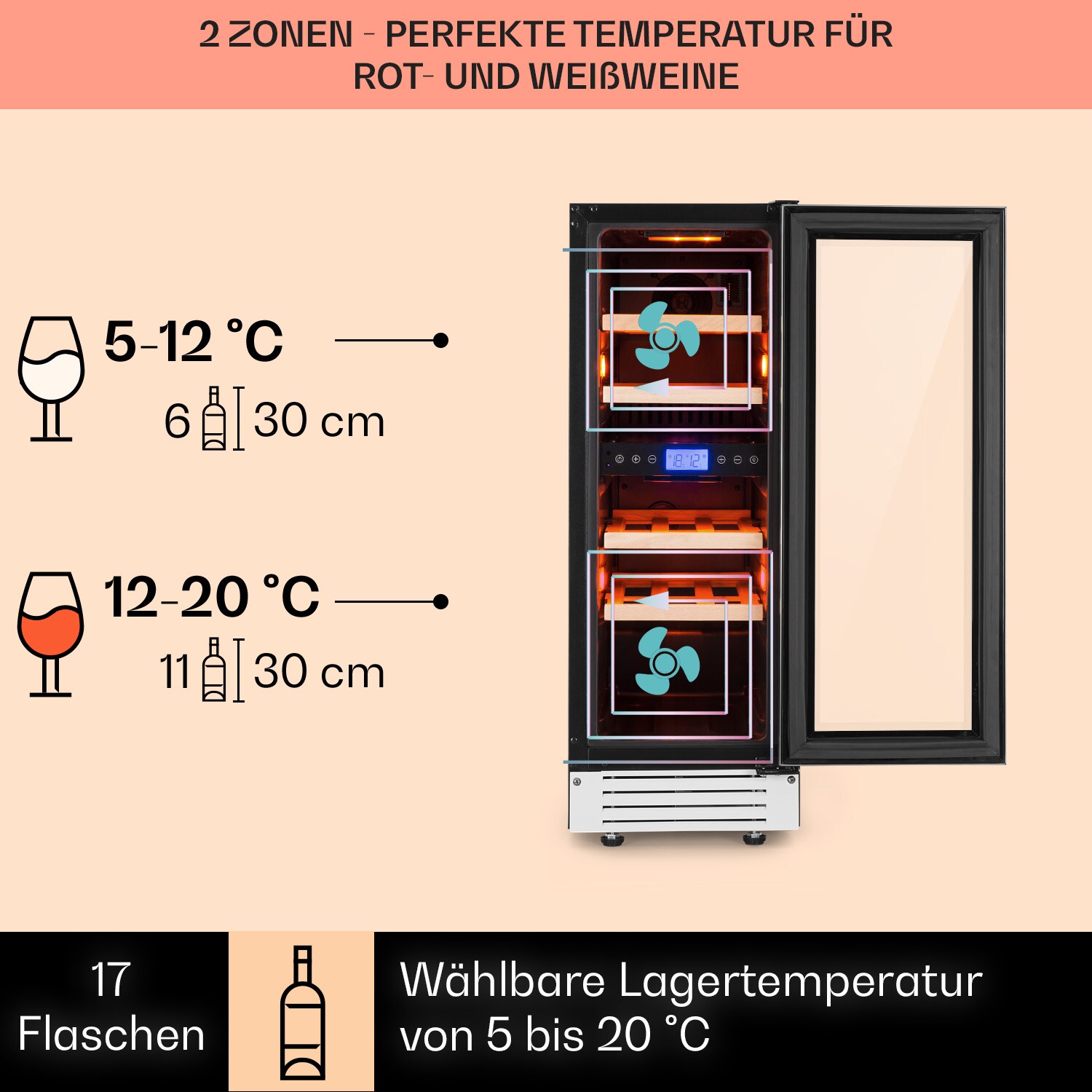 Vinovilla 17 Built-In Duo Zweizonen-Weinkühlschrank 53l 17 Fl. 3-Farben Glastür