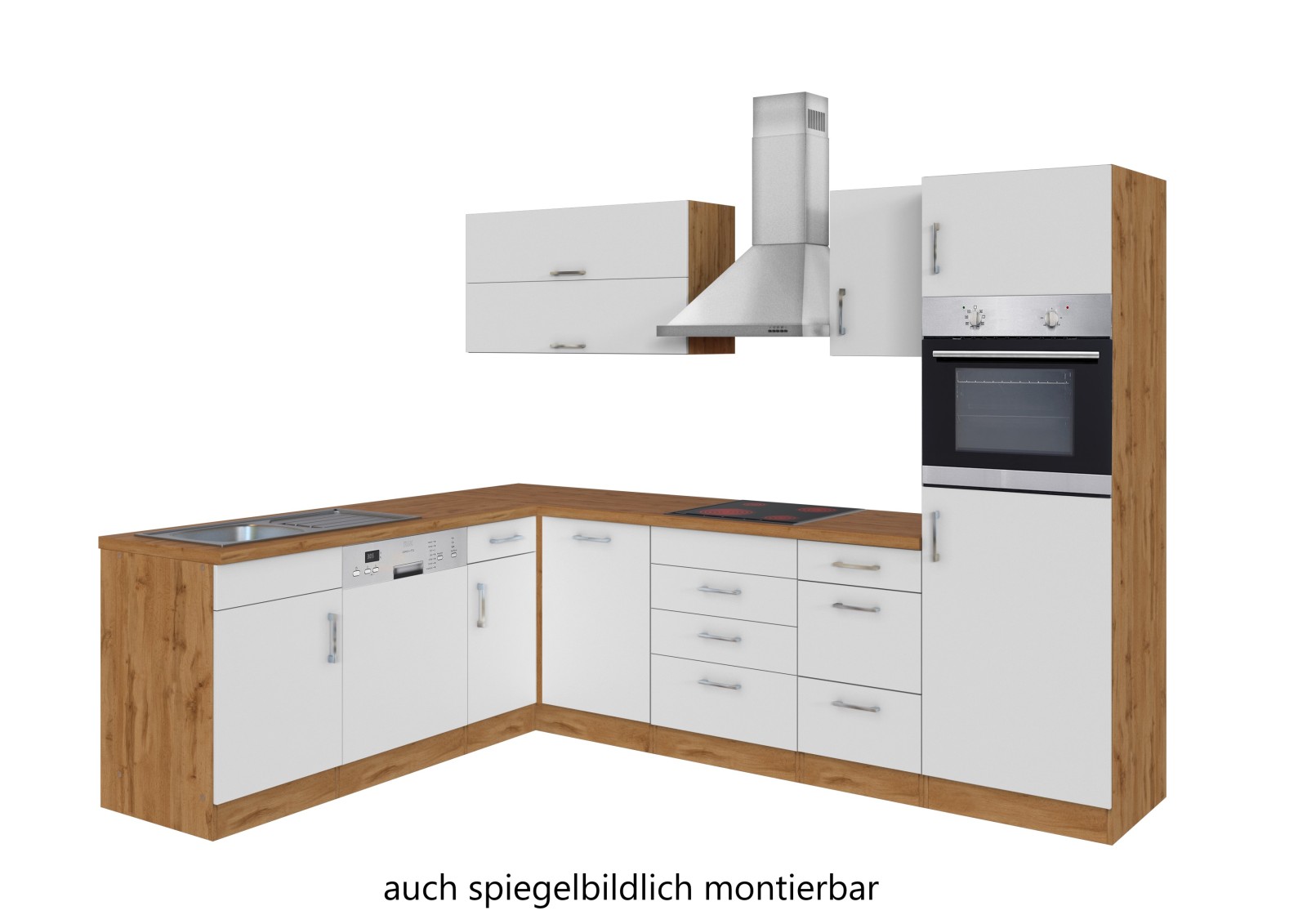 Winkelküche SORRENTO - weiß - Wotaneiche - mit E-Geräten - autark - 210x270 cm