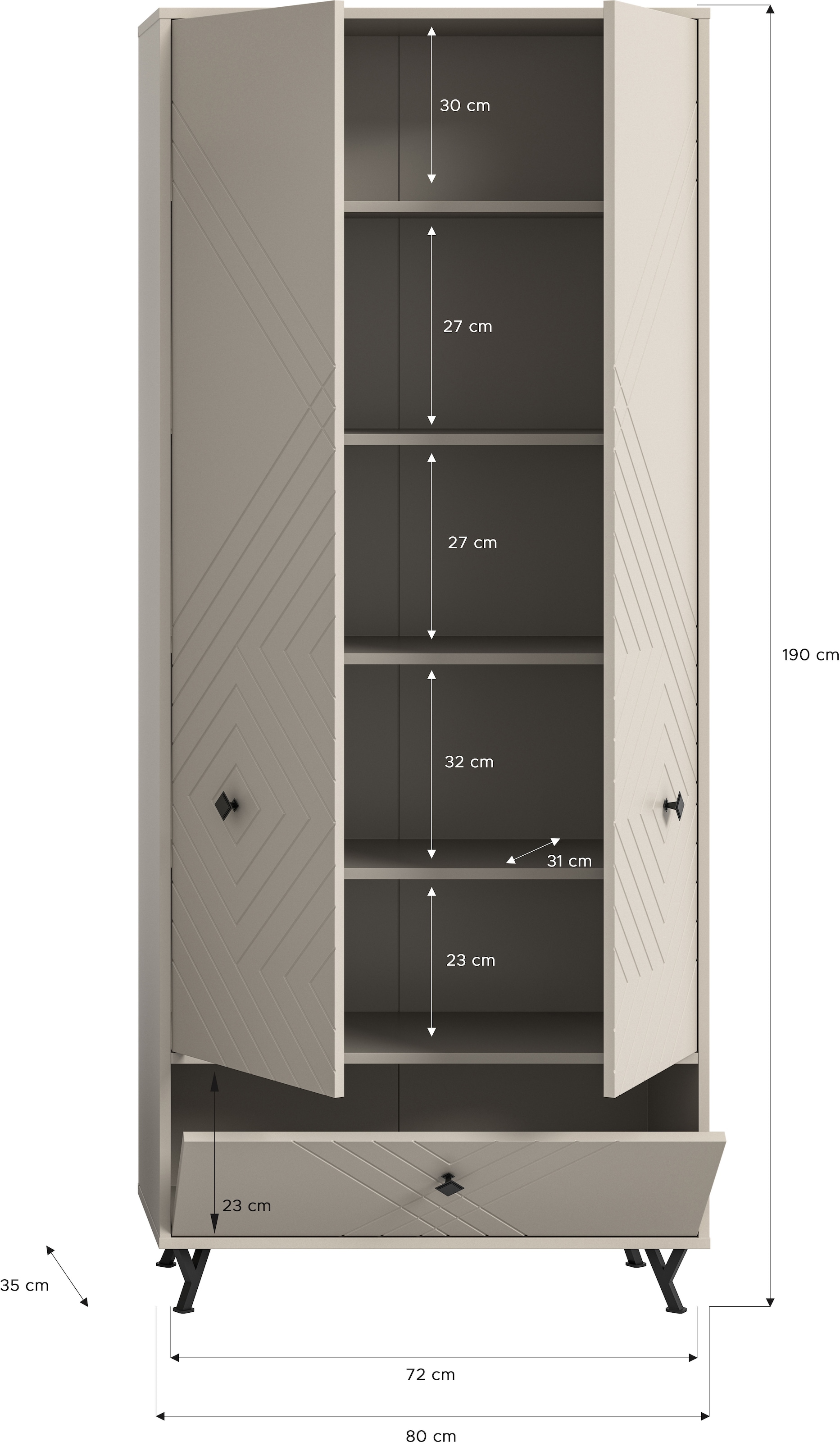 INOSIGN Garderobenschrank »Mento, Höhe 190cm, 2 Türen, 1 Klappe, 4 Einlegeböden, 6 Fächer« Metall Knopfgriffe & Y-Füsse, Front mit Ornamentfräsung, Kleiderschrank