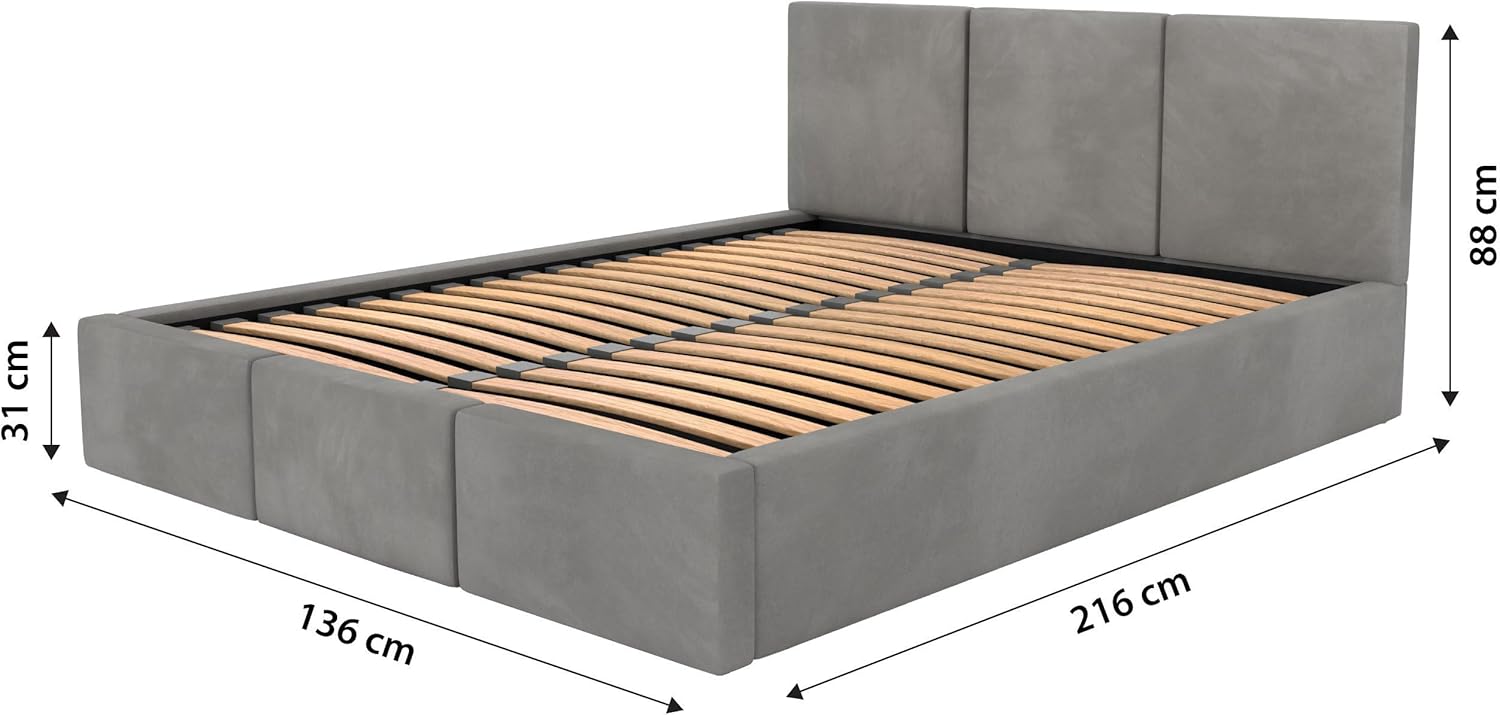 Muralo - Polsterbett 120x200 cm mit Bettkasten und gestepptem Kopfteil - Doppelbett - Ohne Matratze - Jugendbett - Stilvolles Schlafzimmer-Bett - Grau