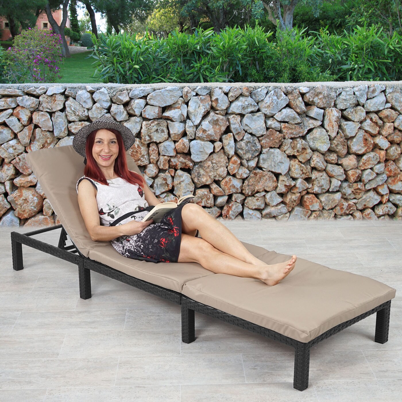 Poly-Rattan Sonnenliege MCW-A51, Relaxliege Gartenliege Liege ~ Basic anthrazit, Kissen creme