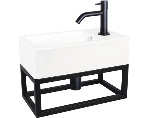 Verschil wastafelset HURA L 40 x 22 cm wastafel wit met frame, koudwaterkraan en sifon in matzwart 38.006.12