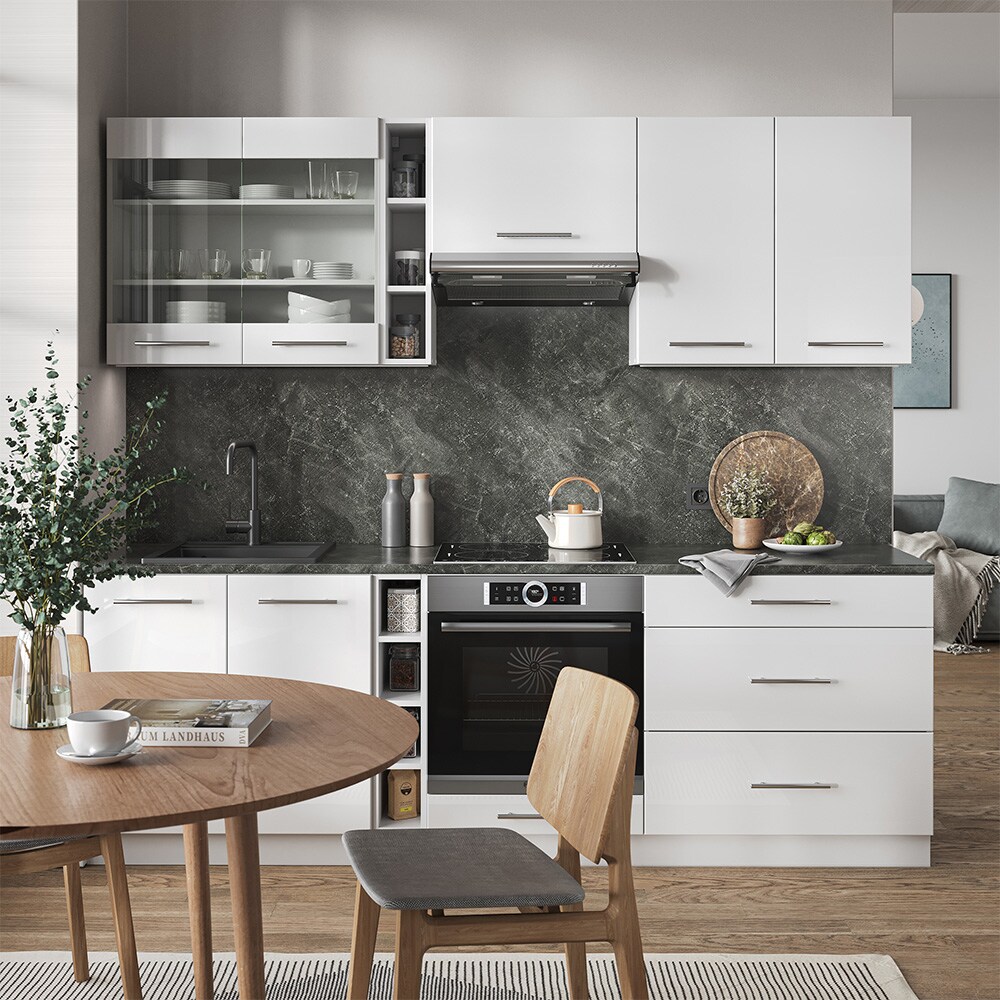 Vicco Küchenzeile Küchenblock Einbauküche Fame-Line Weiß 235 cm modern Hochglanz Küchen Schränke Hängeglasschrank Hängeschrank Schubladenunterschrank Spülenunterschrank Herdumbauschrank