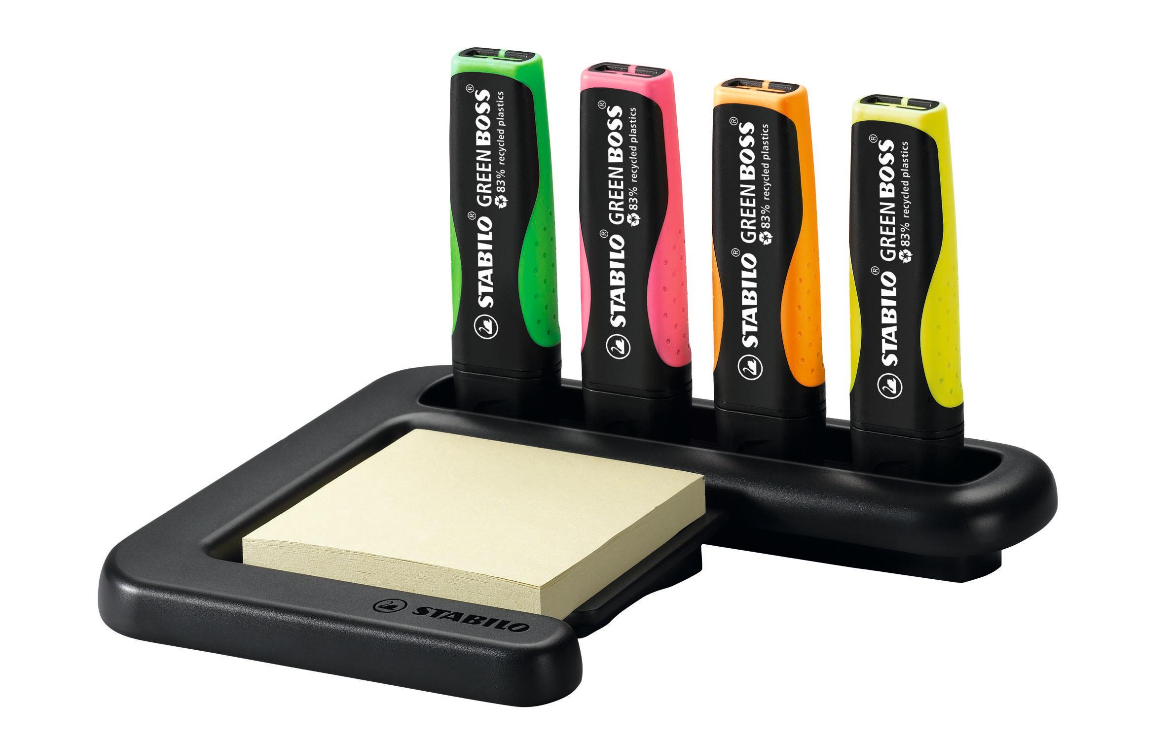 Textmarker Dispenser 5-teilig, MehrfarbigTextmarker mit praktischem Halter und Notizzettelblock für den Schreibtisch