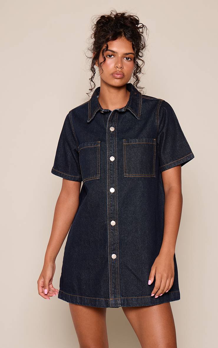 Bleu Indigo Robe Chemise En Denim À Surpiqûres Contrastées