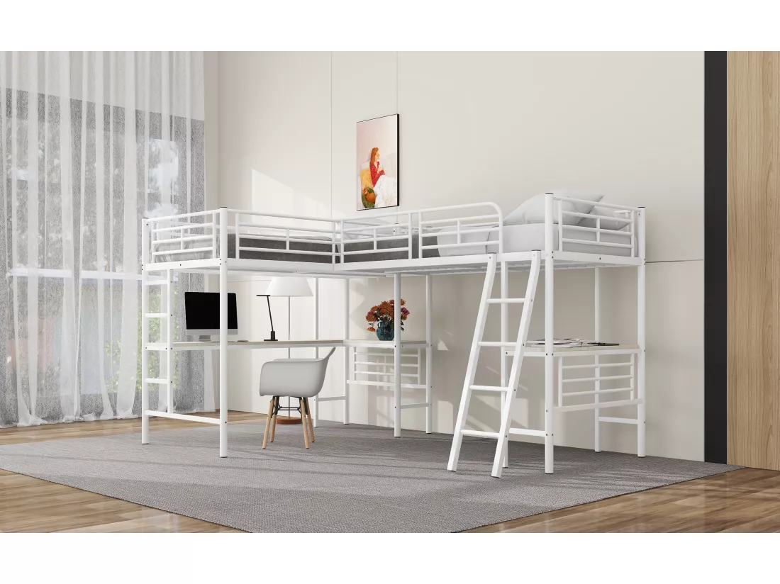 Lit mezzanine 2 places - 2 x 90 x 200 cm - avec bureau d'angle et échelles - métal - blanc