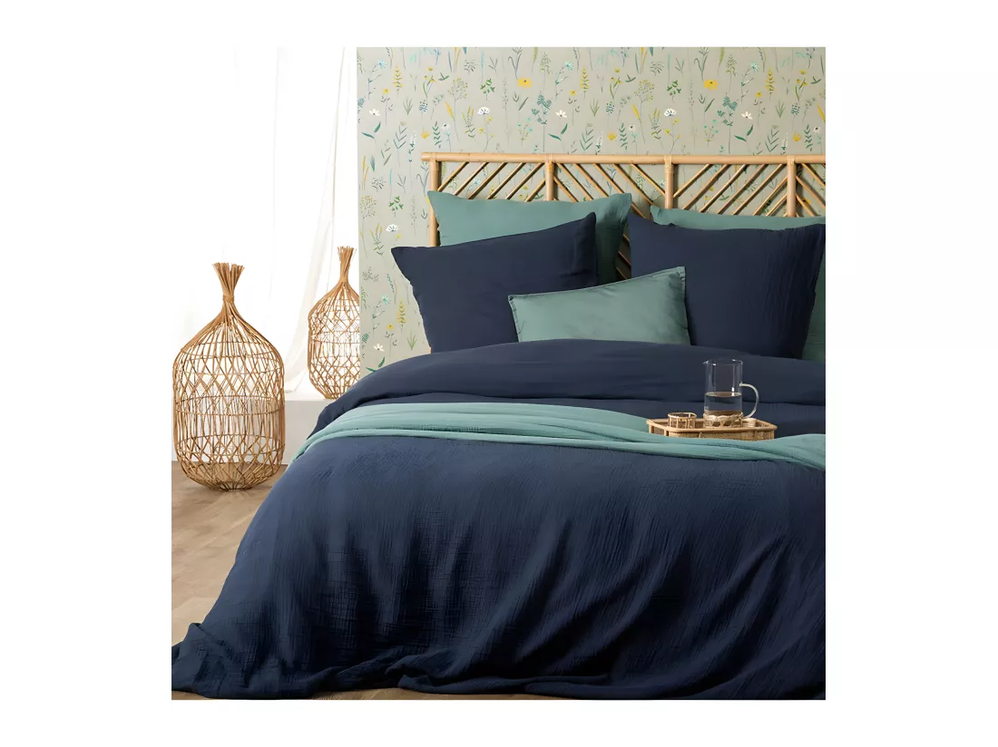 Parure de lit 2 Personnes en gaze de coton Bleu Gris 260 x 240 cm Housse de couette avec 2 taies