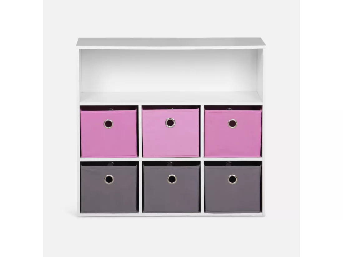Meuble de rangement pour enfant. blanc - Camille - avec 7 compartiments et 6 paniers gris et roses