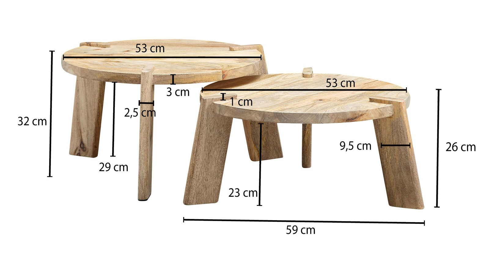 Couchtisch rund 2er Set Mango massiv 53 x 32 cm