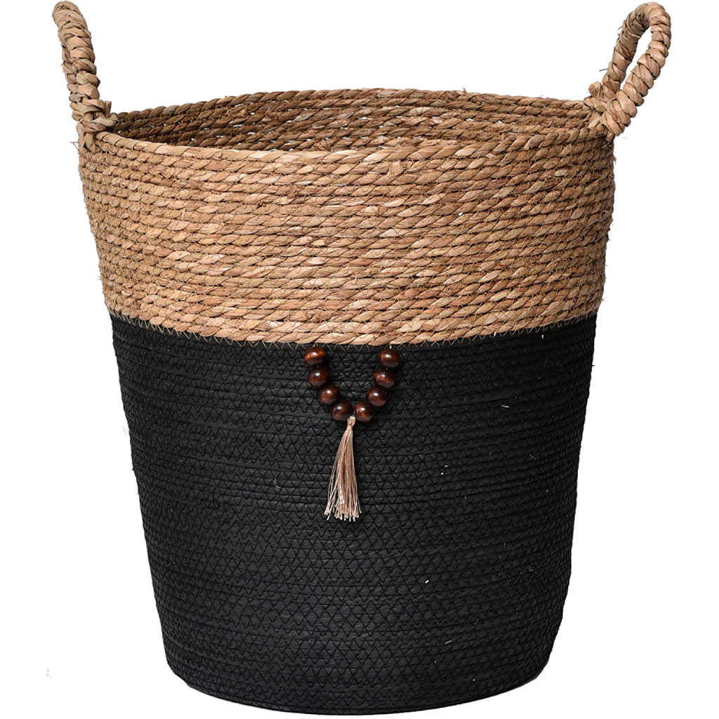 Panière à linge ronde matière végétale noire 40x45x40cm