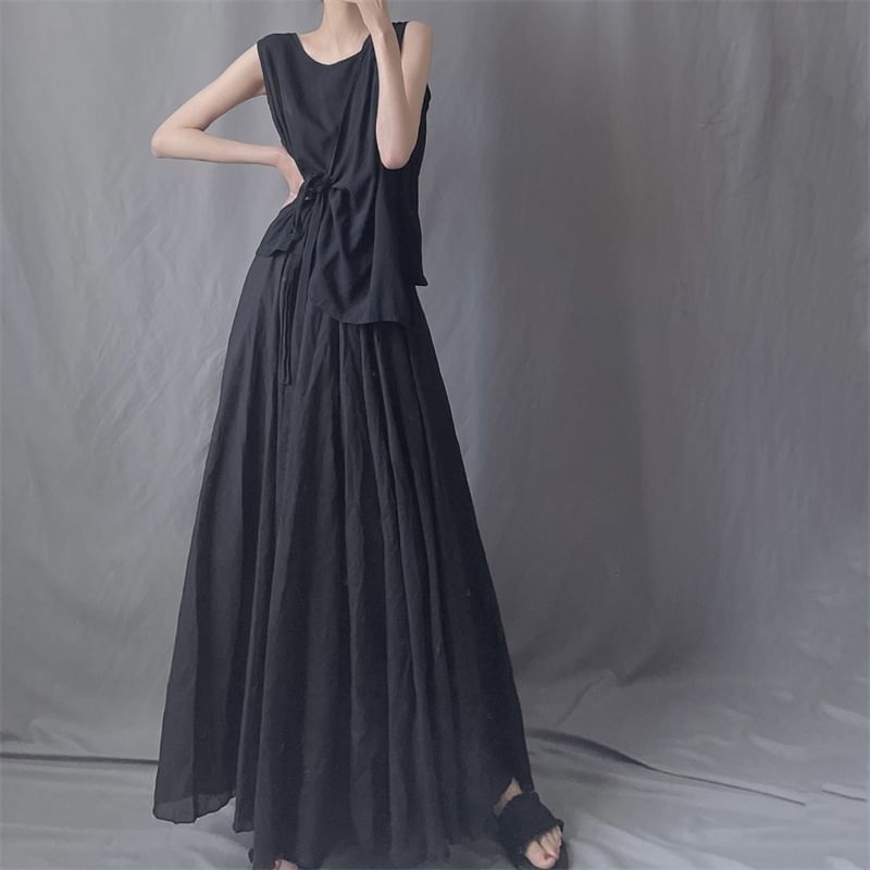 Taragon - Hoge taille effen maxi A-lijn rok