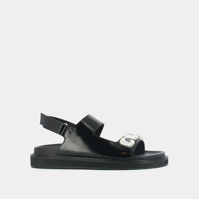 Sandales ouvertes et strass  en cuir glacé noir