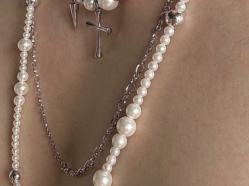 darcicon - Kruis imitatie parel gelaagde ketting / lange ketting