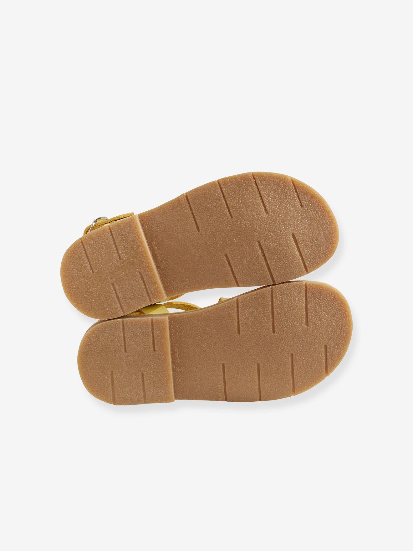 Sandálias lisas de couro curtido vegetal amarelo claro para meninas