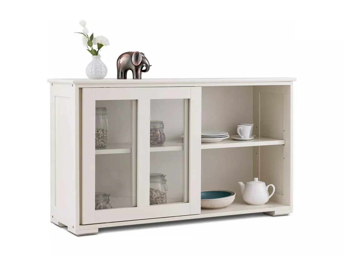 Buffet de cuisine, 2 etagères, porte coulissante, contemporain,blanc antique