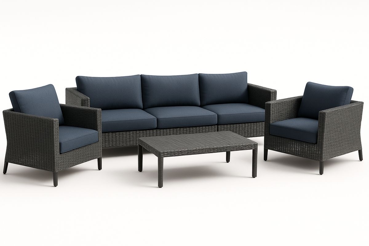 Rattan Gartenmöbel Set mit Stahlskelett und Polyesterkissen Anthrazit/Blau