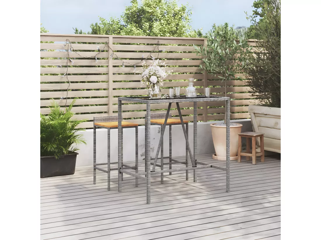 Prolenta Premium - Table de bar et dessus en verre gris 110x70x110 cm poly rotin