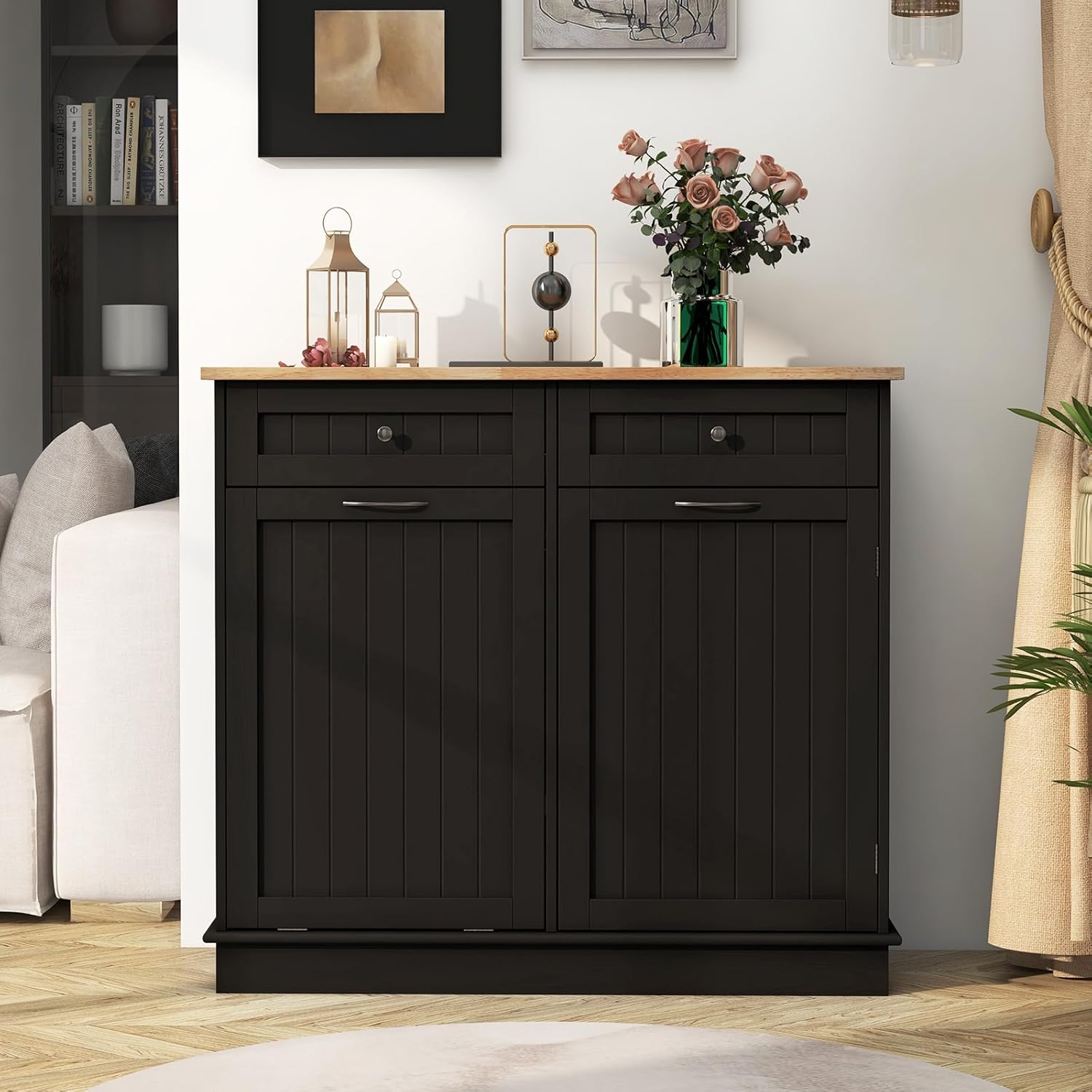 COSTWAY Kommode für Mülleimer 42L, Küchenschrank mit großer Arbeitplatte & 2 Schubladen & verstellbarem Regal, Mülleimerschrank mit Mülleimerhalter, Schrank für Küche ohne Mülleimer (Braun)