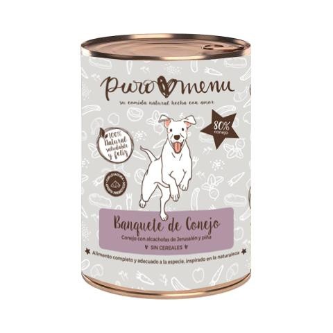 Pacote com 12 latas de ração úmida Puromenu para cães, sabor coelho.