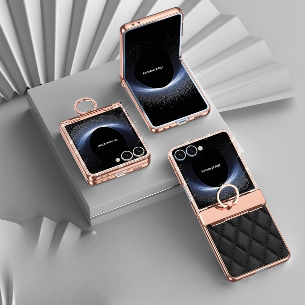Samsung Galaxy Z Flip7 Hardcase Hülle Finger Griff Ring Halterung Glitzer Design   Scharnier Design - Schwarz / Roségold