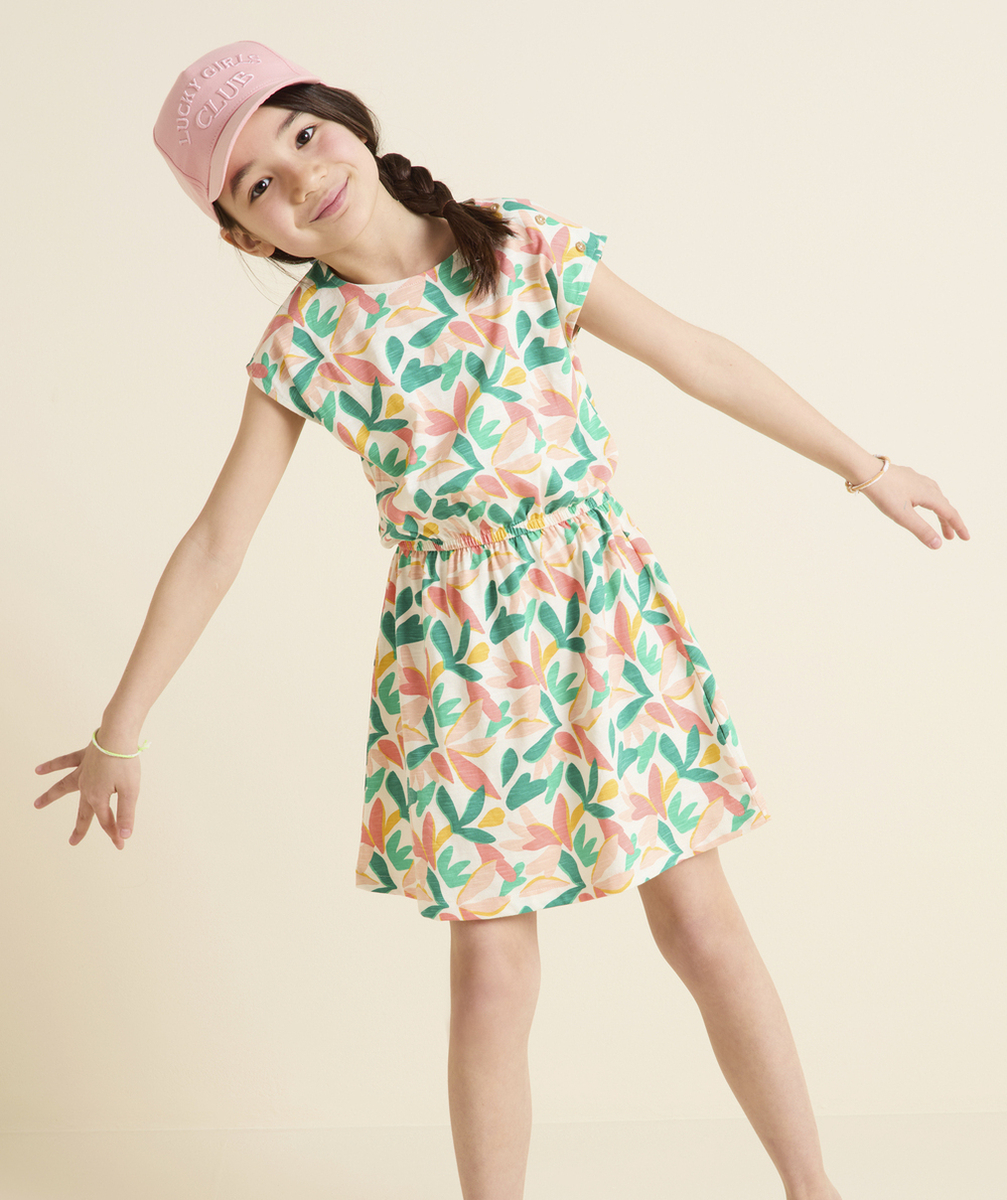 robe manches courtes fille en coton bio imprimé feuilles colorées