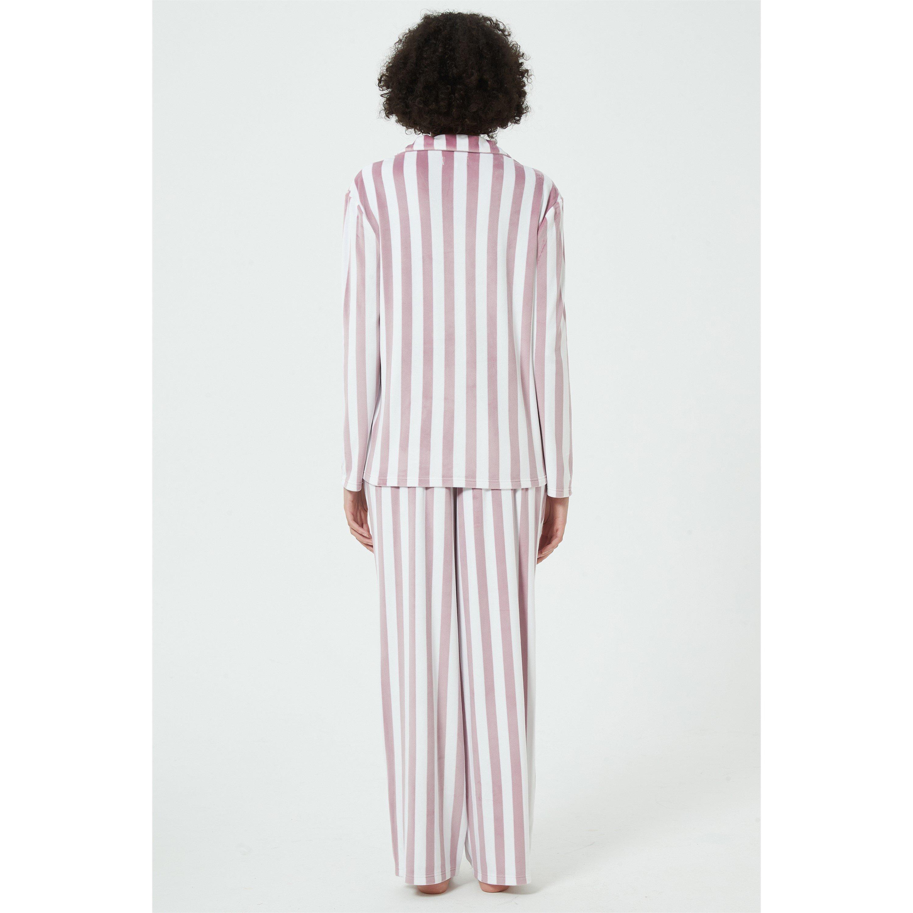 Linea Ladies Stripe Velour Button Through Pyjama Set