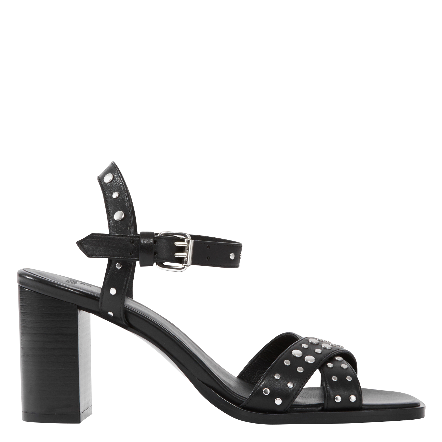 Sandales à talons à studs en cuir| Noir
