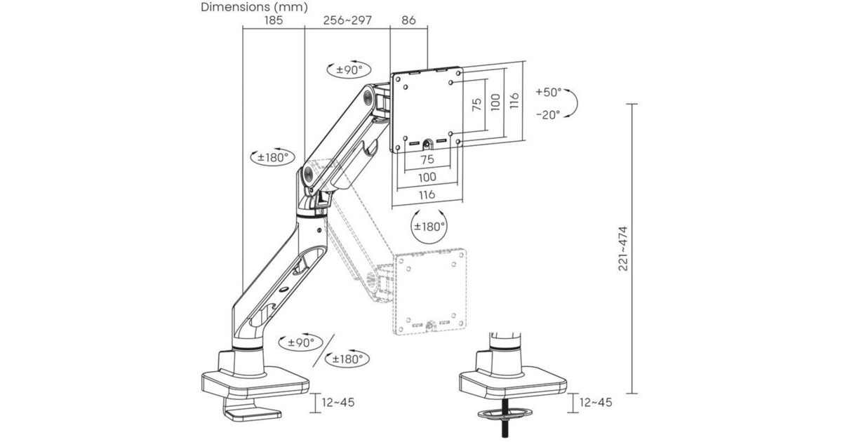 ACT ConnectivityMonitorarm office premium, gasveer, 1 monitor  (Zwart)