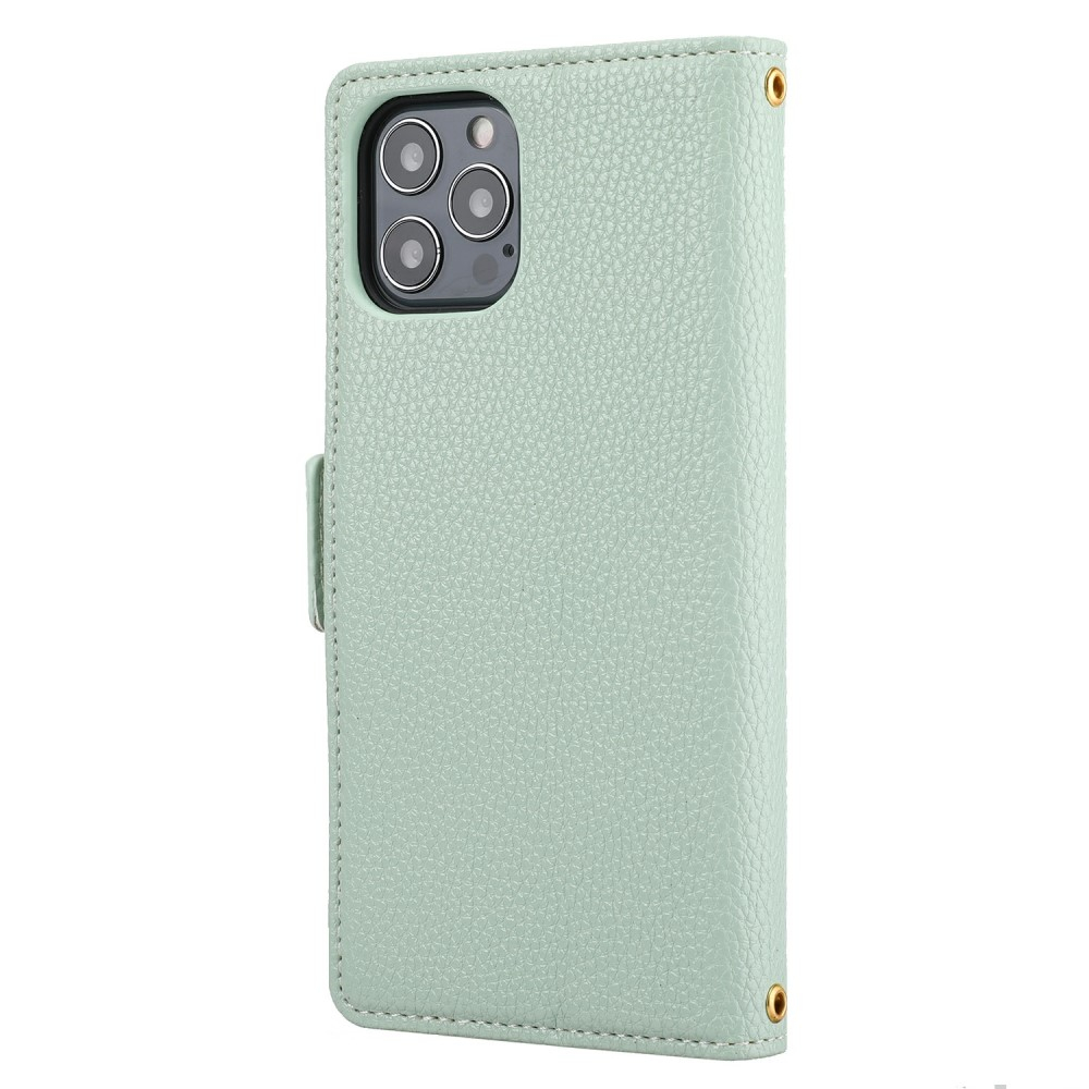 iPhone 12 / iPhone 12 Pro Leder Tasche Flip Cover Litchi Look mit Kartenfächern Geometrisches Design - Grün / Rosa / Weiss