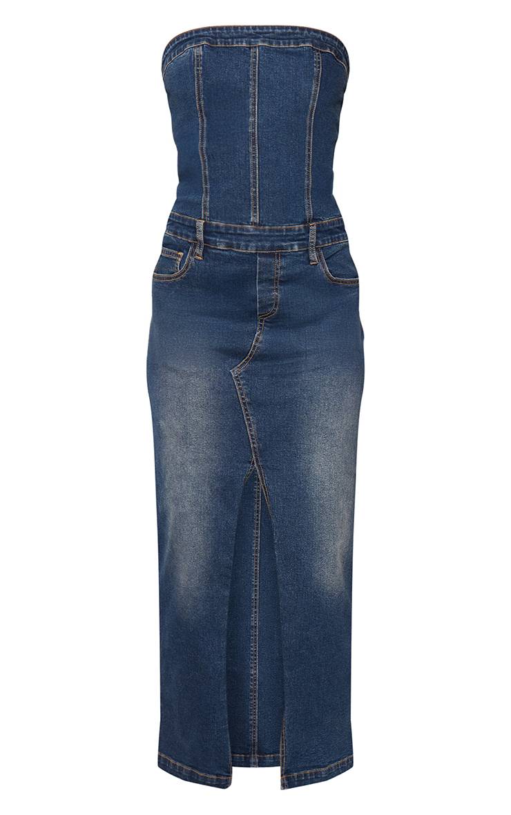 Vintage Robe Longue En Denim Stretch Bleu Foncé À Détail Bustier
