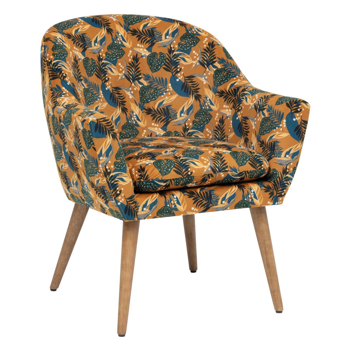 FAUTEUIL SANGO VELOURS IMPRIME FEUILLES OCRES