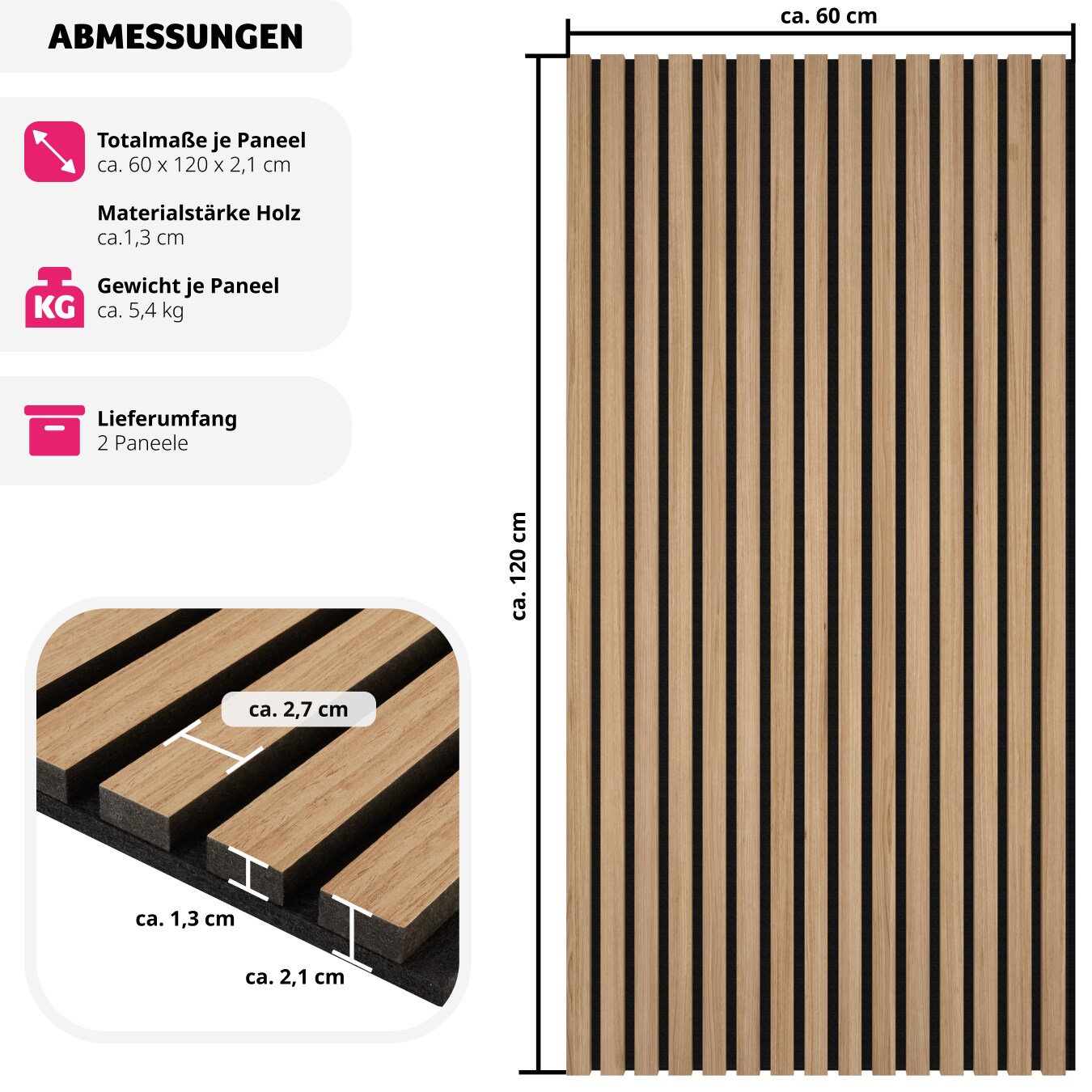 tectake® 2er Set Akustikpaneele, Holzoptik in 3 Farben, MDF und Echtholzfurnier, je 60 x 120 x 2,1 cm, Größe flexibel anpassbar