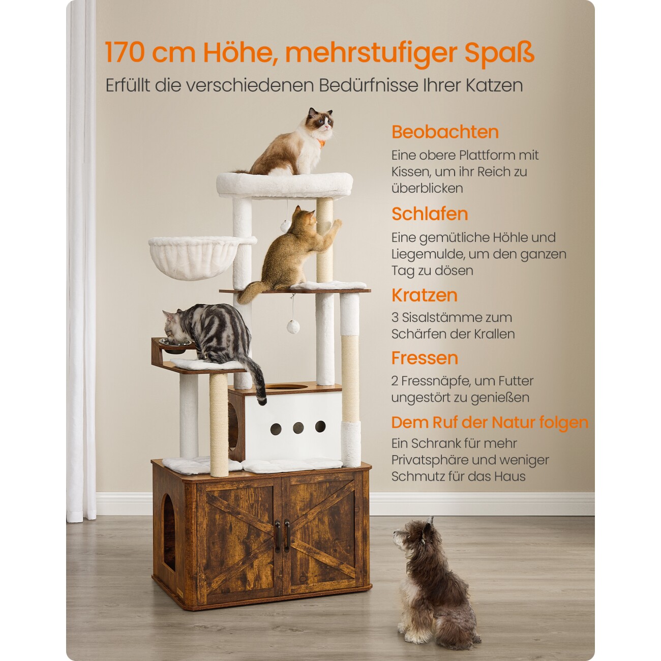 FEANDREA Kratzbaum Katzenklo-Schrank erhöhte Fressnäpfe braun