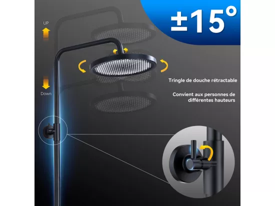 Colonne de Douche Thermostatique Ensemble de Douche Noir avec Douchette 3 Jets Kit de Douche Hauteur Réglable Mitigeur en Laiton Durable