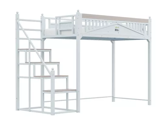 Lit mezzanine en métal 90x200 blanc avec barrière de sécurité design fenêtre échelle de rangement interchangeable gauche droite lit simple compact gain de place