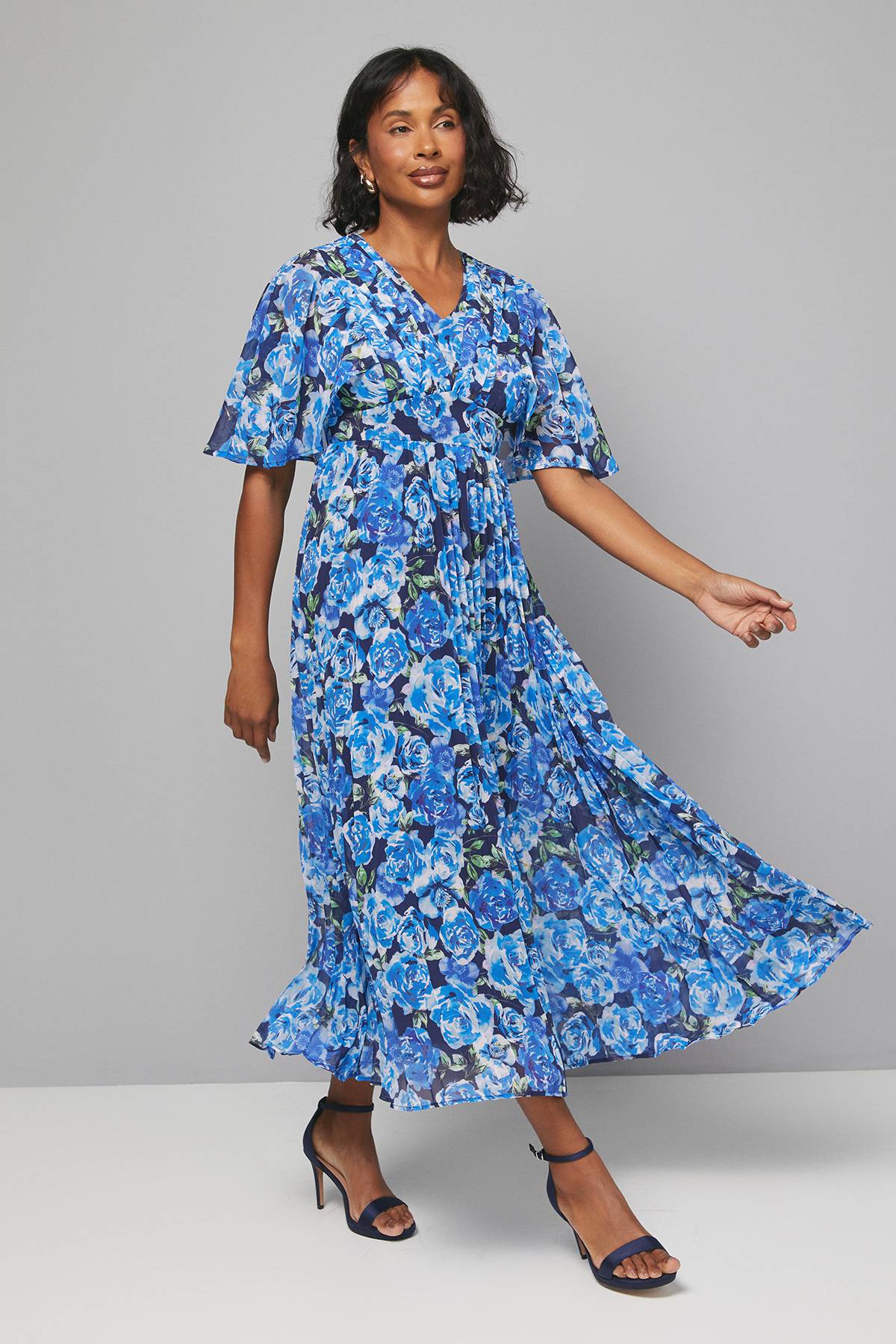 Wallis Robe Midi à Imprimé Floral avec Manches Cape Plissées