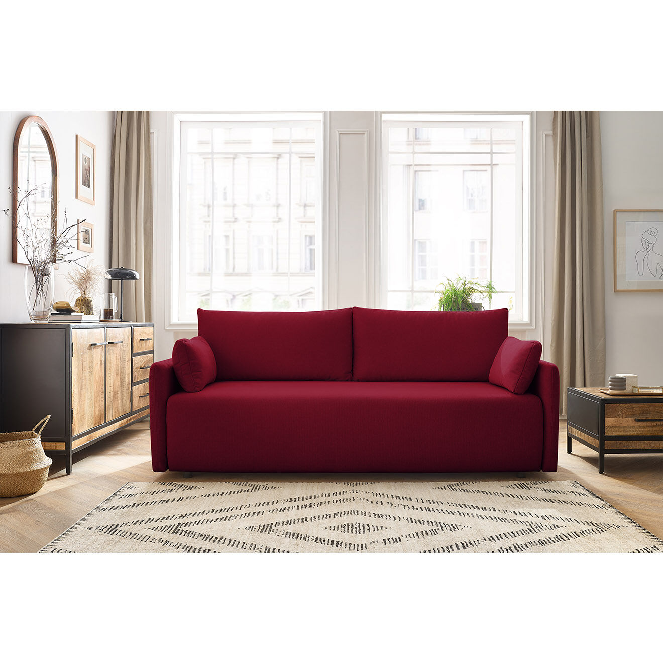 Bobochic Canapé droit convertible coffre marcel tissu lisse rouge - 211x100x86 cm