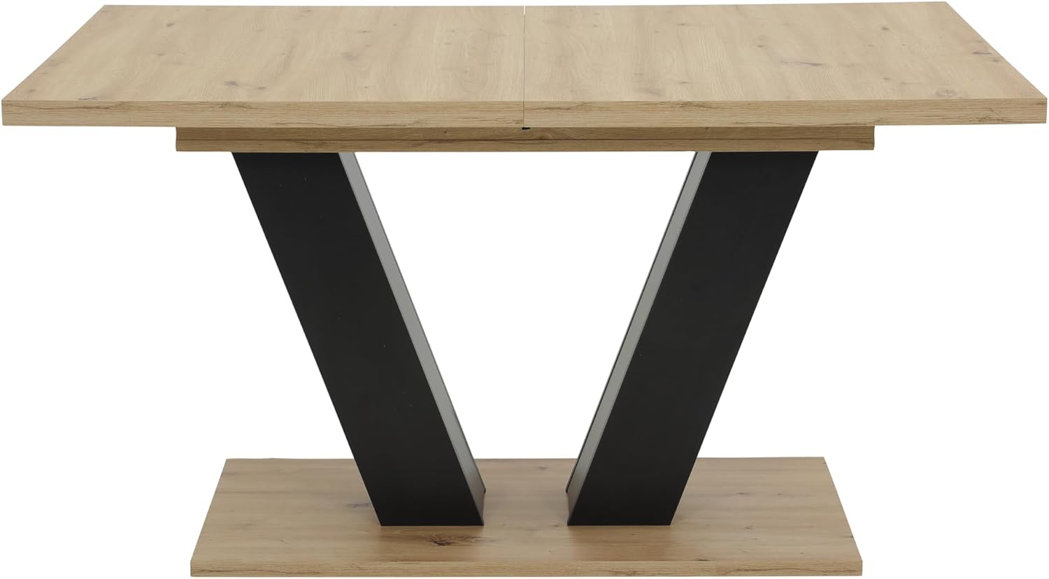 Hela Tische, Ausziehbarer Esstisch Hamm, Dekor Artisan Eiche und Schwarz, 140-180 x 90 cm, V-förmiges Gestell, Synchronauszug, Melaminbeschichtung und ABS Kante