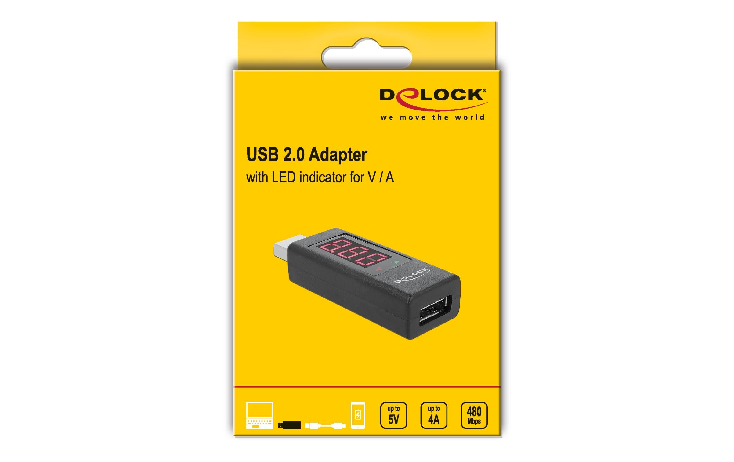 Strommessadapter Volt Ampere USB-A Stecker - USB-A BuchseDelock Adapter USB 2.0 A Stecker > A Buchse mit LED Anzeige für Volt und Ampere