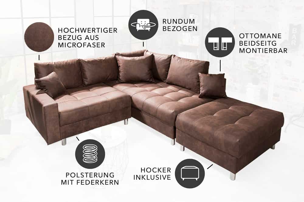 Modernes Ecksofa KENT 220cm braun Federkern Wohnlandschaft inkl. Hocker und Kissen