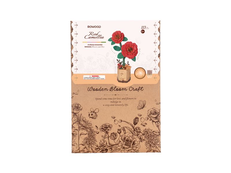 RoboTime Bausatz Red Camellia 113-teilig 3D-Puzzle aus lasergeschnittenen Holzteilen