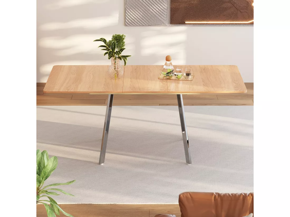 Table à manger extensible en MDF et alliage - 4 à 6 personnes - Naturel et argenté - 140-180x80x75cm